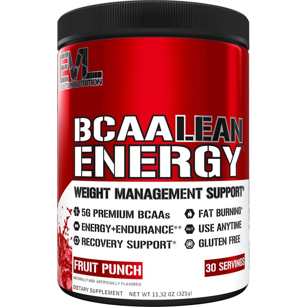 EVL BCAA Lean Energy Powder - Pre Workout Green Tea Fat Burner Support with BCAAs Amino Acids and Clean Energizers - BCAA Powder Post Workout Recovery Drink for Lean Muscle Recovery - Fruit Punch