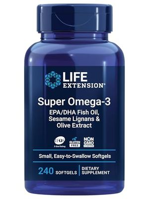 Life Extension Super Omega-3 EPA/DHA Fish Oil, Sesame Lignans &amp; Olive Extract - Heart Health, Brain Health, Inflammation Health Support, Gluten-Free, Easy to Swallow, Non-GMO, 240 Softgels