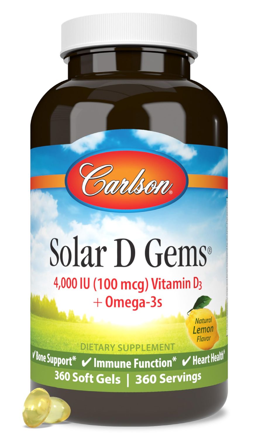 Carlson - Solar D Gems, Vitamin D3 and Omega-3 Supplement, 4000 IU (100 mcg) D3, 115 mg Omega-3 EPA and DHA, Vitamin D Fish Oil Capsule, Bone &amp; Immune Health, Vitamin D Supplement, Lemon, 360 Softgels