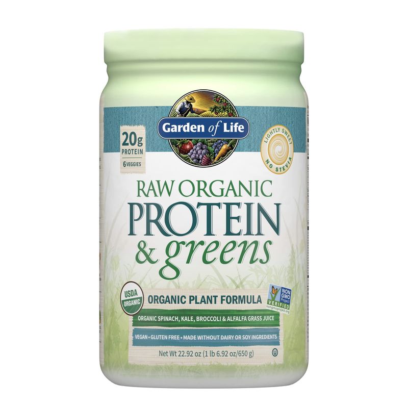 Garden of Life Raw Organic Protein &amp; Greens Lightly Sweet, Vegan Protein Powder for Women and Men, Plant Protein, Pea Protein, Greens &amp; Probiotics, Dairy Free, Gluten Free Low Carb Shake, 20 Servings