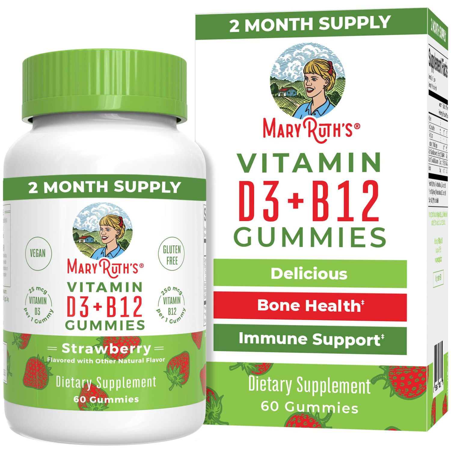 MaryRuth Organics Vegan Vitamin D3 + Vitamin B12 Gummies | 2 Month Supply | Supports Bone Health | Immune Support Supplement | Energy Supplements | Methyl B12 Vegan Non-GMO Gluten Free | 60 Servings