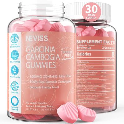 Sugar Free Garcinia Cambogia Gummies 1000mg 95% HCA Pure Extract with L-Carnitine, Raspberry Ketone, Chromium, Green Coffee Bean for Energy Boost, 100% Organic Extract, Vegan, Strawberry Flavor 60 Cts