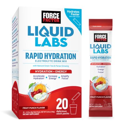FORCE FACTOR Liquid Labs Energy Drink, Electrolytes Powder, Hydration Packets to Boost Energy &amp; Focus, 5 Essential Electrolytes, Vitamins, Minerals, &amp; Antioxidants, Fruit Punch Flavor, 20 Stick Packs