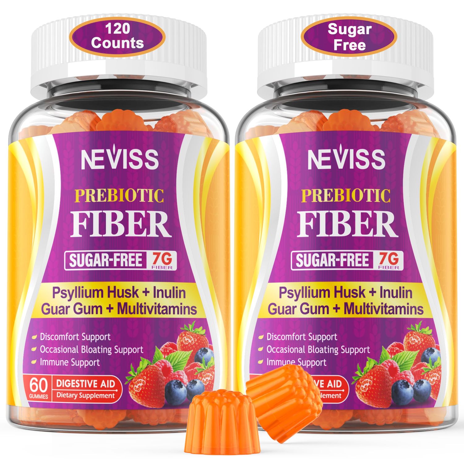 Fiber Gummies for Adults, 7G Prebiotic &amp; Psyllium Husk Fiber Supplement Sugar Free, with Soluble Fiber + Insoluble Fiber, Inulin, Fos, Multivitamin for Daily Digestive Health,Regularity Gut,Pack of 2