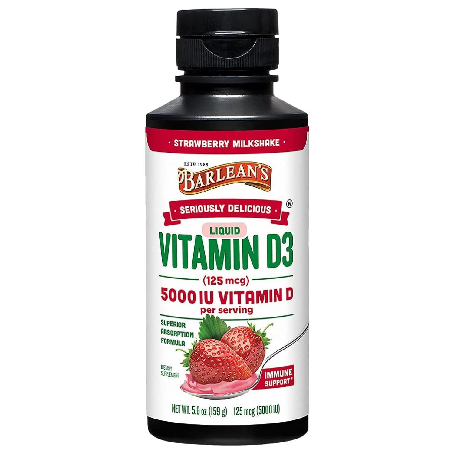 Barlean&#39;s Liquid Vitamin D, 5000 IU D3, Strawberry Milkshake Flavored for Kids and Adults, Maximum Absorption, Non-GMO, Gluten-Free - 5.6 oz