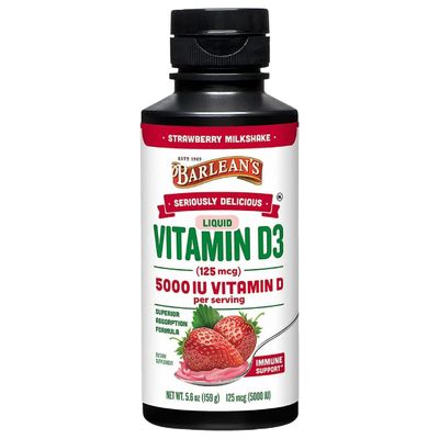 Barlean&#39;s Liquid Vitamin D, 5000 IU D3, Strawberry Milkshake Flavored for Kids and Adults, Maximum Absorption, Non-GMO, Gluten-Free - 5.6 oz
