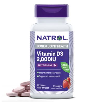 Natrol Fast Dissolve Vitamin D3 2,000 IU, Dietary Supplement for Bone and Joint Health, Bone Support Supplement, 90 Tablets, 90 Day Supply