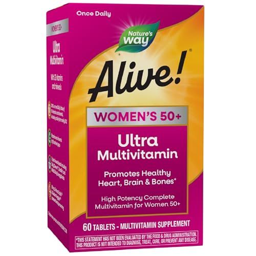 Natures Way Alive! Womens 50+ Ultra Potency Complete Multivitamin, High Potency Formula, Promotes Healthy Heart, Brain, Bones*, with Methylated B12, Gluten-Free, 60 Tablets (Packaging May Vary)