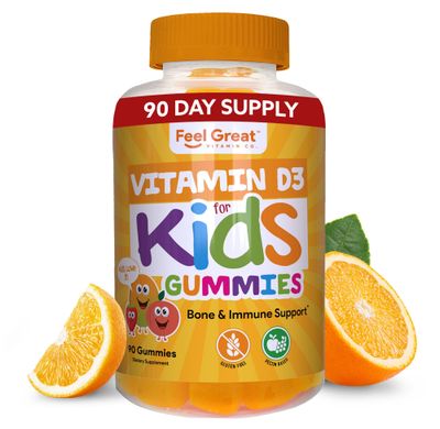 Feel Great Kids Vitamin D3 1000 IU Gummies | Kids Vitamin D Gummies for Healthy Bones, Mood, &amp; Immune Support | Citrus Flavored Vegetarian D3 Gummies | 90 Day Supply