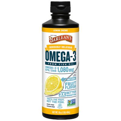 Barlean&#39;s Lemon Crme Omega 3 Fish Oil Liquid Supplement, 1080mg of Omega 3 EPA &amp; DHA Fatty Acid, Smoothie Flavored &amp; Burpless for Brain, Joint, &amp; Heart Health, 16 oz