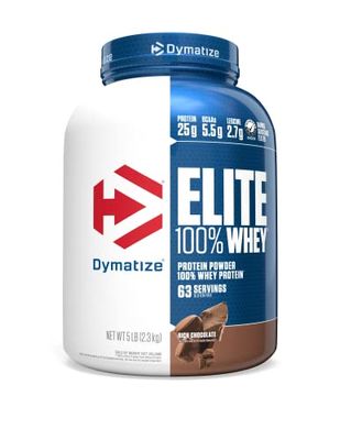 Dymatize Elite 100% Whey Protein Powder, 25g Protein, 5.5g BCAAs &amp; 2.7 L-Leucine, Quick Absorbing &amp; Fast Digesting for Optimal Muscle Recovery, Rich Chocolate, 5 Pound, 63 Servings