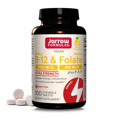 Jarrow Formulas Extra Strength Methyl B-12 1000 mcg &amp; Methyl Folate 400 mcg + P-5-P, Dietary Supplement for Cellular Energy Metabolism and Cardiovascular Support, 100 Chewable Tablets, 100 Day Supply