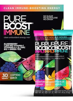 Pureboost Immune Clean Energy Booster, Refreshing Energy Drink Mix and Immunity Supplement with Elderberry, 1,200 mg Vitamin C, Vitamins A + D, and Zinc. Sugar-Free Energy (Combo Pack, 30 Count)