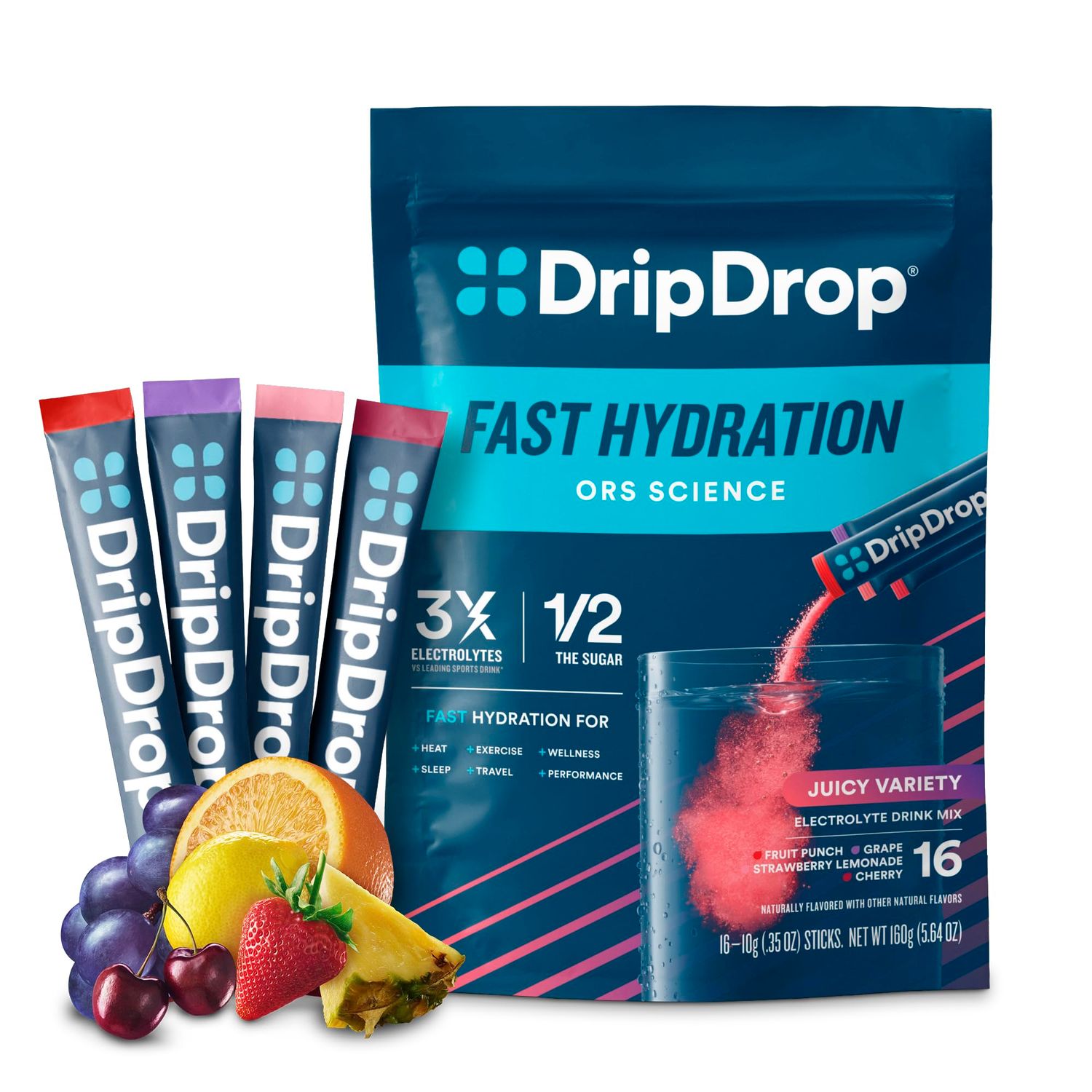 DripDrop Hydration - Juicy Variety Pack - Electrolyte Drink Mix Single Serve Hydration Powder Packets - Grape, Fruit Punch, Strawberry Lemonade, Cherry | Non-GMO, Gluten Free, Vegan | 16 Sticks
