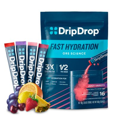 DripDrop Hydration - Juicy Variety Pack - Electrolyte Drink Mix Single Serve Hydration Powder Packets - Grape, Fruit Punch, Strawberry Lemonade, Cherry | Non-GMO, Gluten Free, Vegan | 16 Sticks
