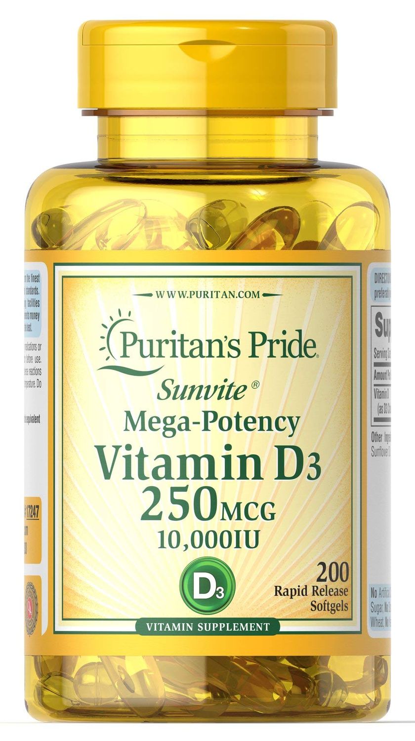 Puritan&#39;s Pride Vitamin D3 250 mcg (10,000 IU)-200 Softgels, White