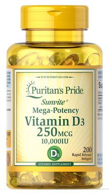 Puritan&#39;s Pride Vitamin D3 250 mcg (10,000 IU)-200 Softgels, White