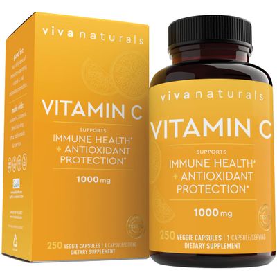 Viva Naturals Vitamin C 1000mg - Non-GMO Vitamin C Supplements with Citrus Bioflavonoids &amp; Rose HIPS for Immune Support &amp; Antioxidant Protection, 250 Vegetarian Capsules