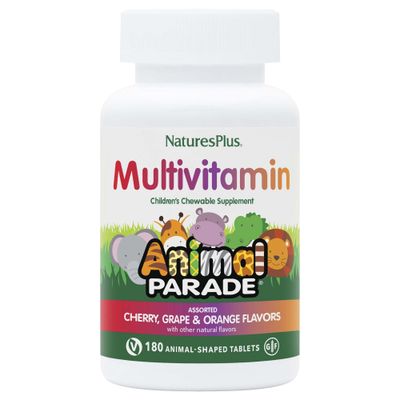 Natures Plus Animal Parade Children&#39;s Chewable Multivitamin - 180 Animal-Shaped Tablets - Natural Assorted Flavors - Vegetarian, Gluten Free - 90 Servings
