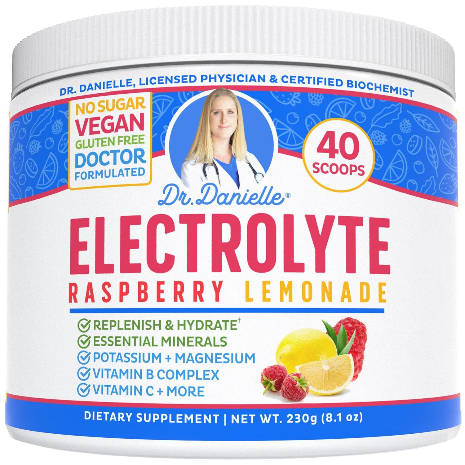 Dr. Danielle&#39;s Original Electrolyte Powder - Hydration Drink Mix Supplement - Boosts Energy &amp; Keto-Friendly - No Maltodextrin &amp; Sugar Free - Raspberry Lemonade Flavor