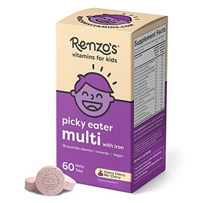 Renzo&#39;s Picky Eater Kids Multivitamin with Iron - Dissolving Kids Vitamins with Vitamin D3 &amp; K2 and More - 60 Sugar-Free Melty Tabs, Cherry Cherry Mo Cherry Flavored