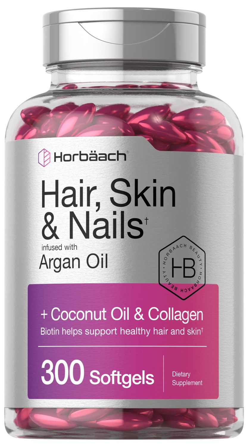 Horbach Hair Skin and Nails Vitamins | 300 Softgels | with Biotin and Collagen | Infused with Argan Oil and Coconut Oil | Non-GMO, Gluten Free Supplement