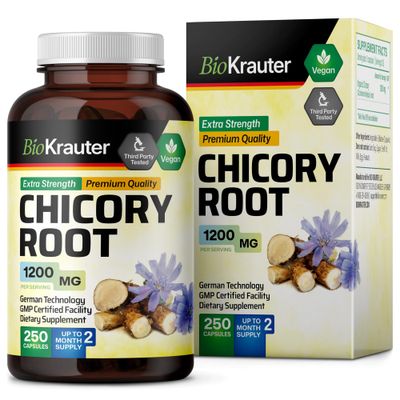 BIO KRAUTER Chicory Fiber Supplement - 1200 mg Strength - 250 Count - Chicory Root Powder - Inulin Capsules for Digestion Health Support - Vegan