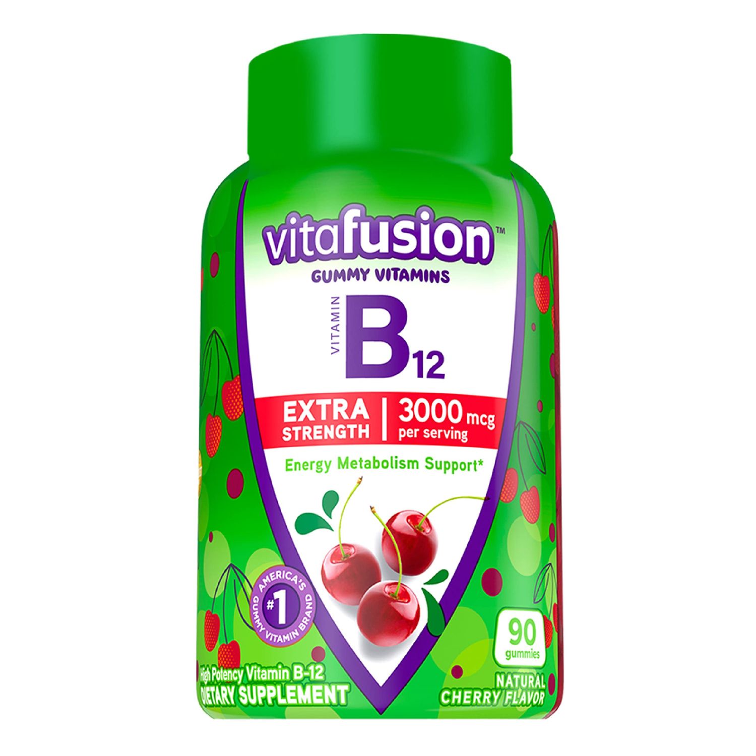 Vitafusion Extra Strength Vitamin B12 Gummy Vitamins for Energy Metabolism Support and Nervous System Health Support, Cherry Flavored, Americas Number 1 Brand, 45 Day Supply, 90 Count