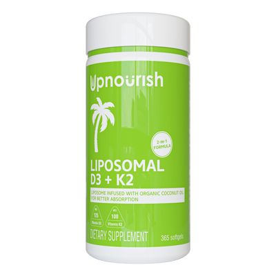 UpNourish Liposomal D3 &amp; K2 MK-7, Advanced Absorption for Optimal Bone and Immune Health, Supplies 5000 IU 125 mcg Vitamin D3 and 100 mcg Vitamin k2 with Organic Coconut Oil, 365 Mini softgels