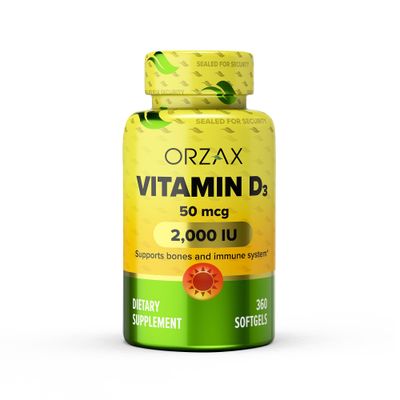 ORZAX Vitamin D3 2000 iu (50 mcg) - 1 Year Supply for Strong Muscle Function and Immune Support - Mood Supplement for Wellness (360 Softgel)