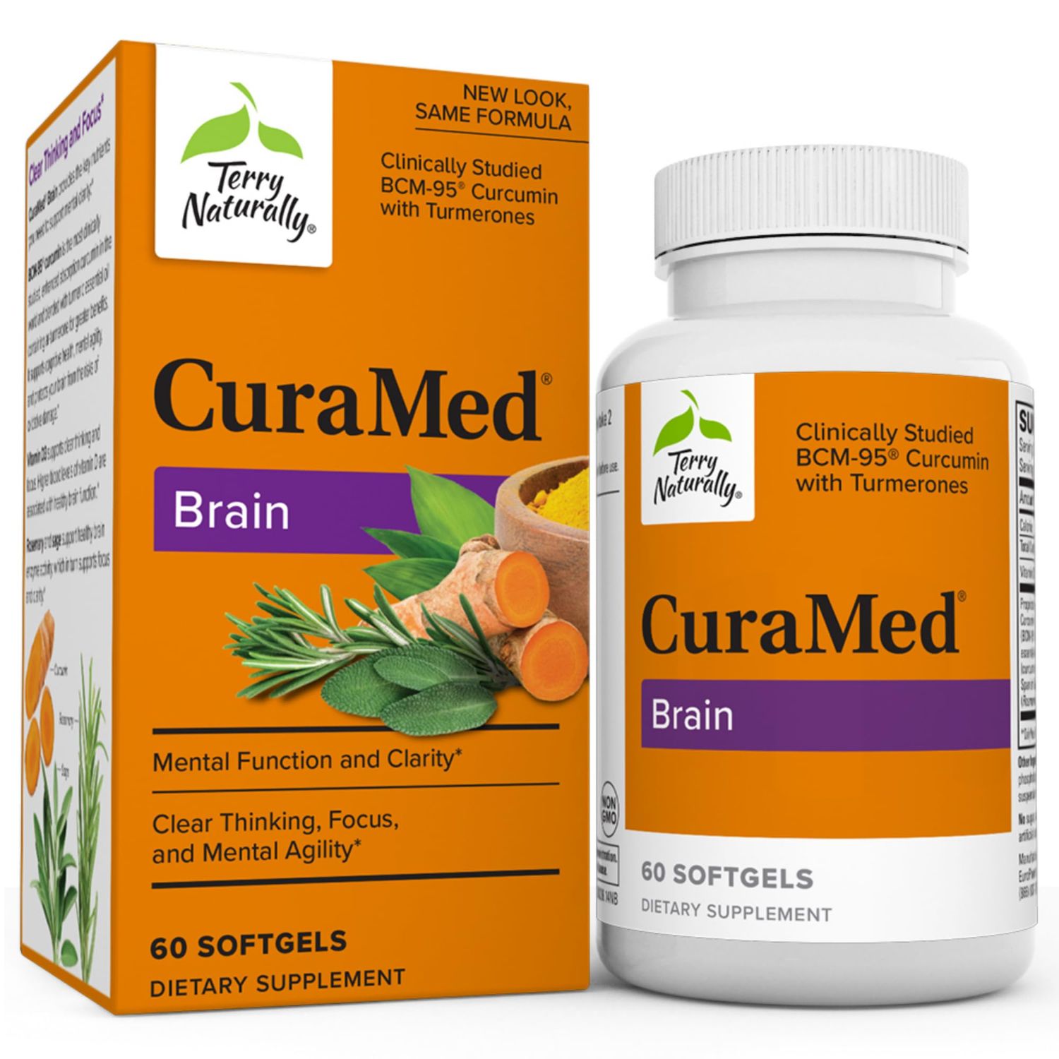 Terry Naturally CuraMed Brain - 60 Softgels - with BCM-95 Curcumin, Vitamin D3, Rosemary &amp; Sage - Non-GMO, Gluten Free - 30 Servings