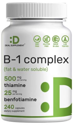 Deal Supplement Vitamin B1 500mg with Benfotiamine, 240 Capsules - 2 in 1 Enhanced Formula - Fat &amp; Water Soluble Thiamine B1 Supplement - Third Party Tested, Non-GMO, No Gluten