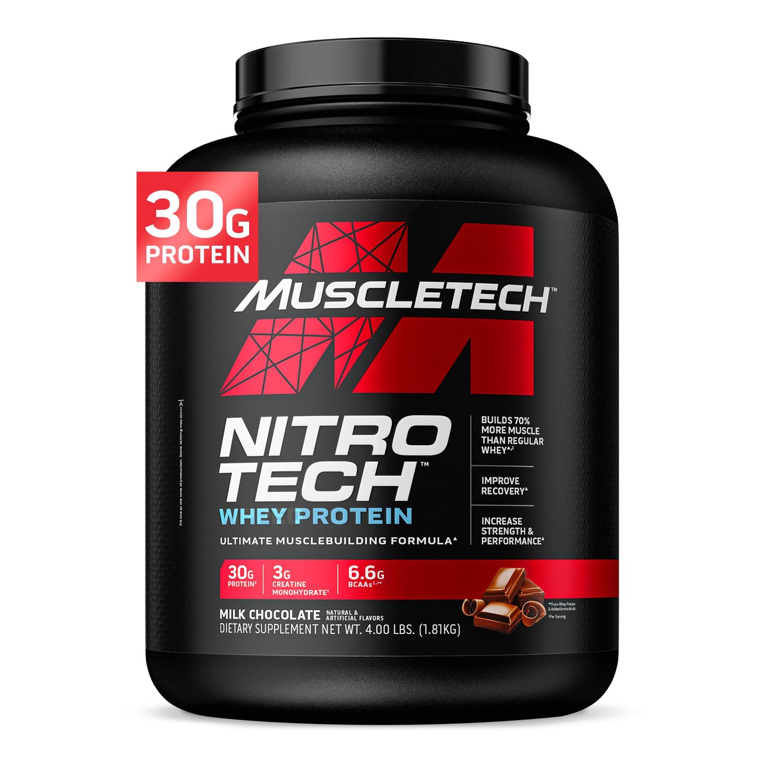Muscletech Whey Protein Powder (Milk Chocolate, 4 Pound) - Nitro-Tech Muscle Building Formula with Whey Protein Isolate &amp; Peptides - 30g of Protein, 3g of Creatine &amp; 6.6g of BCAA