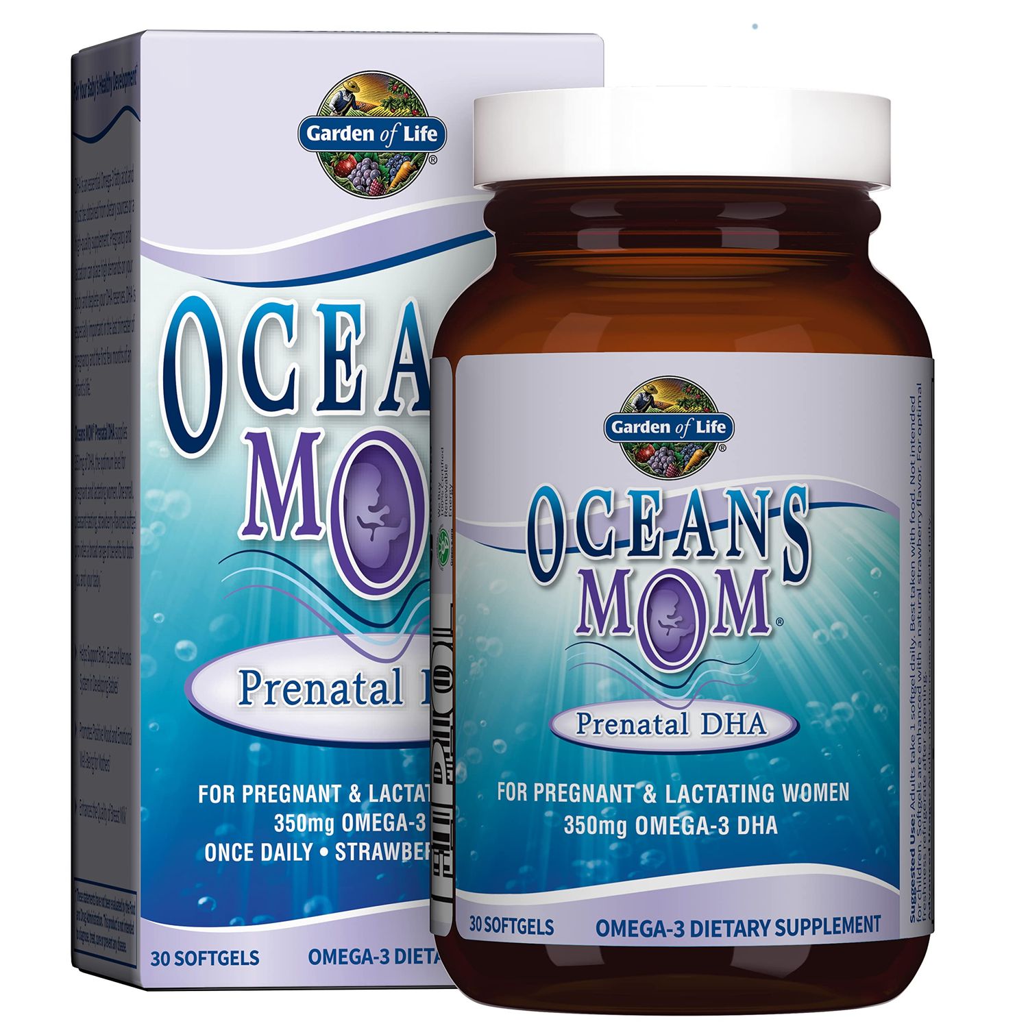 Garden of Life Oceans Mom Prenatal Fish Oil DHA, Omega 3 Fish Oil Supplement - Strawberry, 350mg Prenatal DHA Pregnancy Fish Oil Support for Mamas, Babys Brain &amp; Eye Development, 30 Small Softgels
