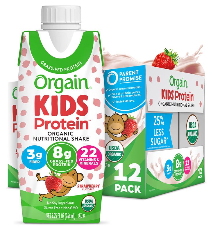 Orgain Organic Kids Nutritional Protein Shake, Strawberry, Healthy Kids Snacks, 8g Dairy Protein, 3g of Fiber, 22 Vitamins &amp; Minerals, No Soy ingredients, Gluten Free, Non-GMO, 8.25 Fl Oz (Pack of 12)