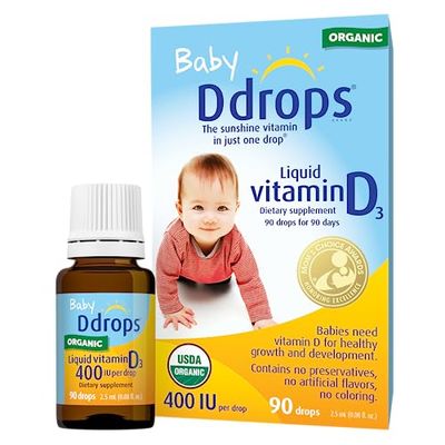 Ddrops Organic Baby 400 IU 90 Drops - Daily Vitamin D Liquid for Infants. Supports Teeth &amp; Bone Health. No Preservatives, No Sugar, Non-GMO, Allergy-Friendly