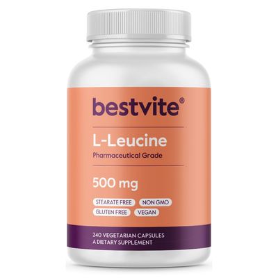 BESTVITE L-Leucine 500mg per Capsule (240 Vegetarian Capsules) - No Stearates - No Fillers - No Flow Agents - Vegan - Non GMO - Gluten Free