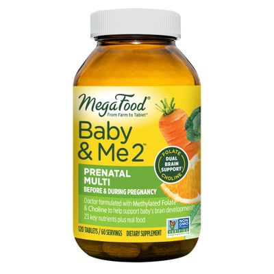MegaFood Baby &amp; Me 2 Prenatal Vitamin and Minerals - Vitamins for Women - with Folate (Folic Acid Natural Form), Choline, Iron, Iodine, and Vitamin C, Vitamin D and more - 120 Tabs (60 Servings)