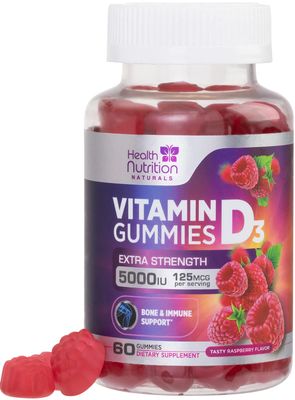 Vitamin D3 Gummies Extra Strength 5000 IU (125 mcg) - Bone, Teeth, Muscle &amp; Immune Support Vitamin D Gummy Dietary Supplement, Nature&#39;s Berry Vitamin D Supplement, Non-GMO - 60 Gummies