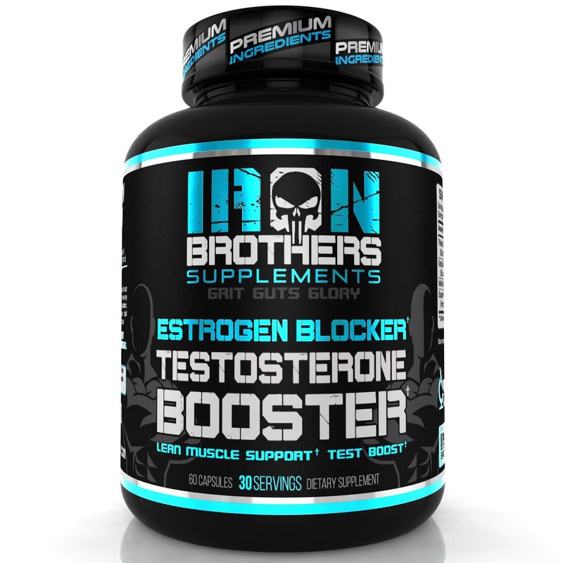 Iron Brothers Supplements Testosterone Booster for Men with Estrogen Blocker - Anti-Estrogen Dietary Supplements - Grape Seed &amp; Tribulus Terrestris - Pack of 60 Capsules - Muscle Growth Boost - 30 day