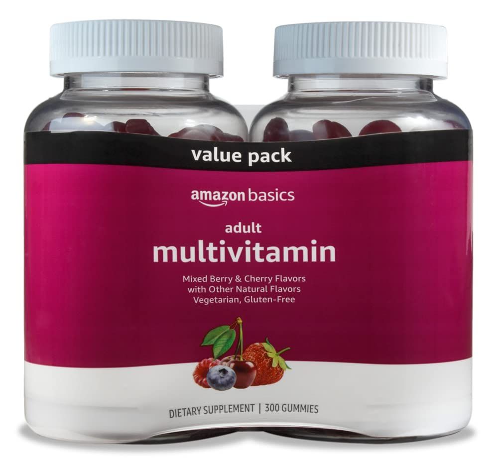 Amazon Basics Adult Multivitamin for Men &amp; Women, 300 Gummies with Vitamins A, C, D, E, B-6 and B-12, 150 Count (Pack of 2) (150 Day Supply) (Previously Solimo)