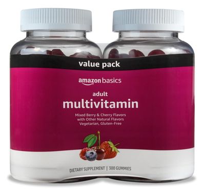Amazon Basics Adult Multivitamin for Men &amp; Women, 300 Gummies with Vitamins A, C, D, E, B-6 and B-12, 150 Count (Pack of 2) (150 Day Supply) (Previously Solimo)