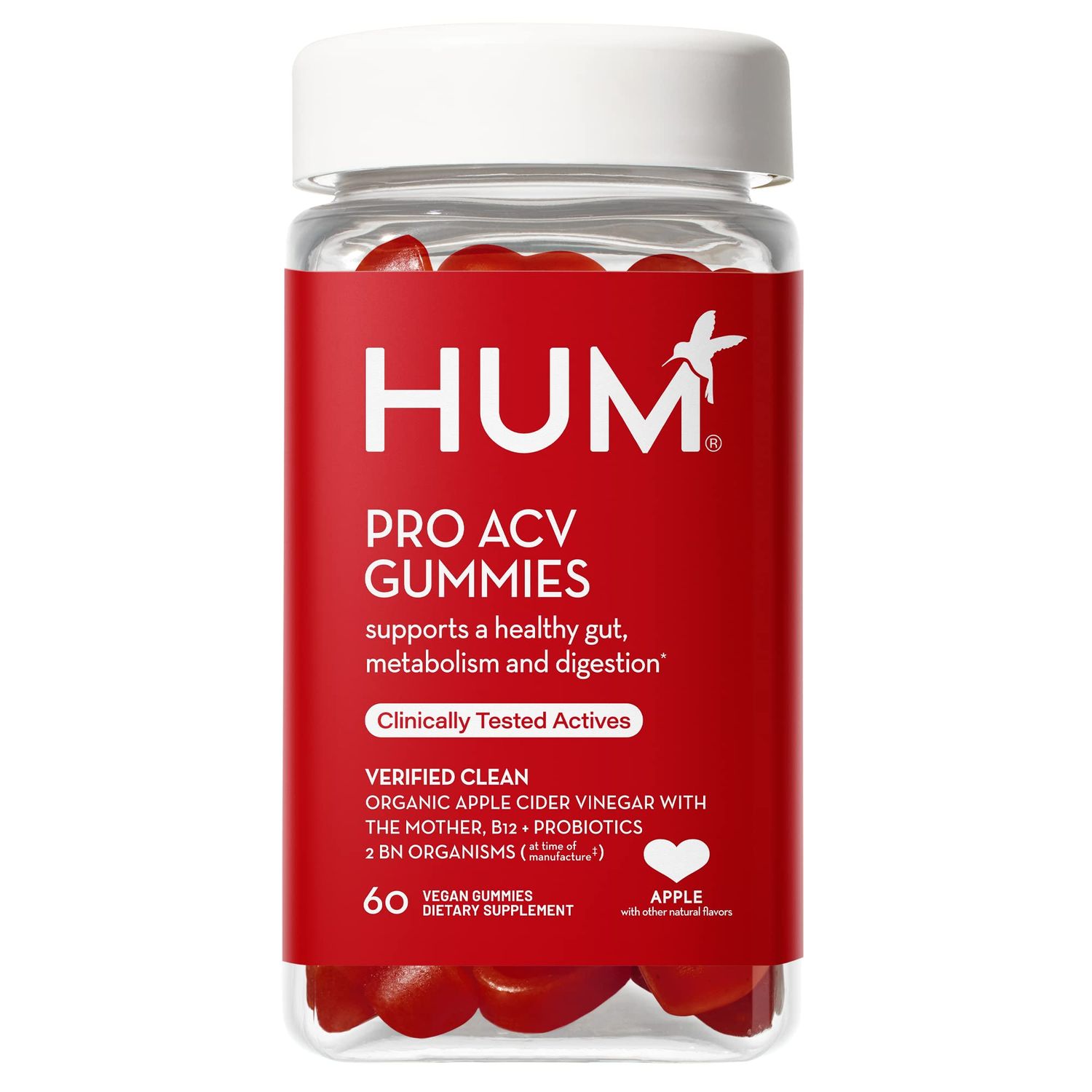 HUM Pro ACV Gummies -100% Organic Apple Cider Vinegar with The Mother, Probiotics for Digestive Health &amp; B12 for Metabolism Support (60 Count)