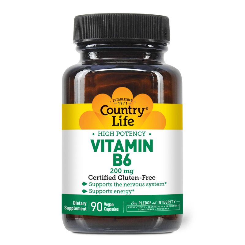 Country Life Vitamin B-6, High Potency, Supports Energy and The Nervous System, 200mg, 90 Vegan Capsules, Certified Gluten Free, Certified Vegan, Certified Halal
