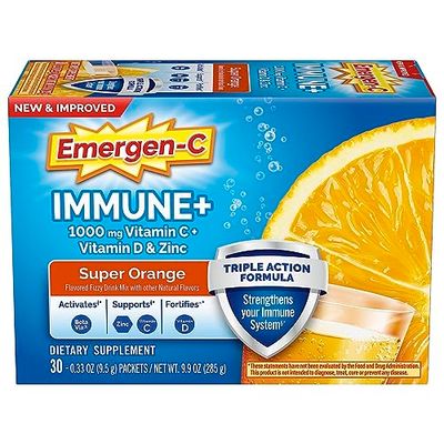 Emergen-C Immune+ Triple Action Immune Support Powder, BetaVia (R), 1000mg Vitamin C, B Vitamins, Vitamin D and Antioxidants, Super Orange - 30 Count (Pack of 1)