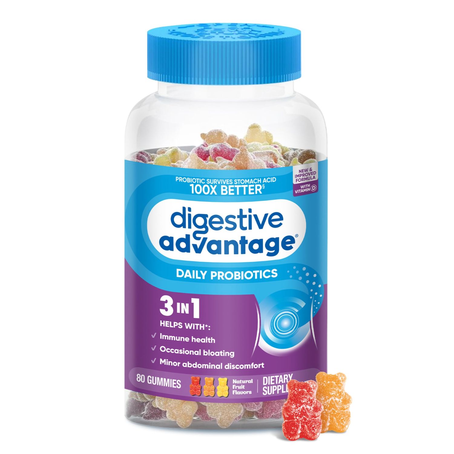 Digestive Advantage Probiotics For Digestive Health, Probiotic Gummies &amp; Vit D, Daily Probiotics For Women &amp;Men Occasional Bloating, Minor Abdominal Discomfort &amp; Gut Health, 80ct Natural Fruit Flavors