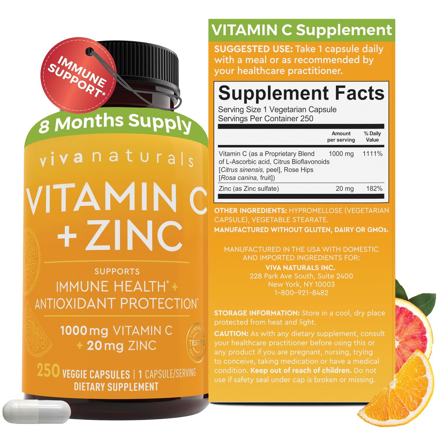 Viva Naturals Vitamin C and Zinc Supplement (250 Capsules) - 1000 mg Vitamin C with Zinc 20 mg Antioxidant Supplements for Immune Support, Plant Based Zinc and Vitamin C Supplement for Adults