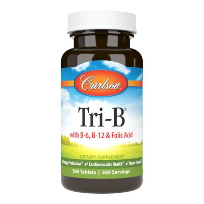 Carlson - Tri-B, Vitamin B Complex, 25 mg Vitamin B-6, 400 mcg Vitamin B-12, Folic Acid Energy Pills, Promote Cardiovascular Health, B Complex Vitamins, B12 Supplement, B Vitamin Complex, 360 Tablets