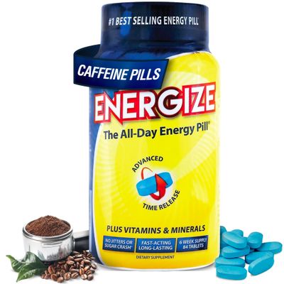 Energize Caffeine Pills, Fast Acting All Day Energy Pills &amp; Natural Nootropics Support Supplement with Time Release Caffeine, Energy Support for Men and Women, No Jitters, No Crash (84 Tablets)