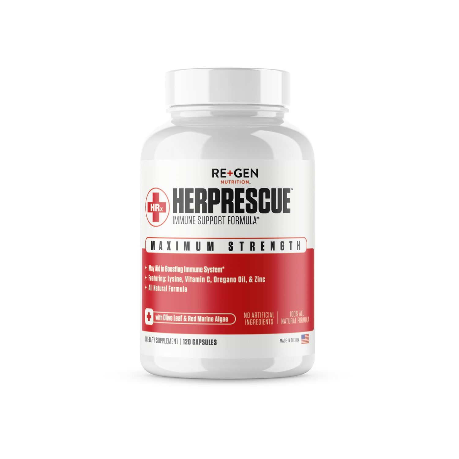 Re+Gen Nutrition HERPRESCUE Outbreak Support Supplement, Cold Sore Care for Adults, Natural Capsules w/Zinc, Vitamin C, &amp; L lysine Amino Acid for Immune Health, 120 Capsules